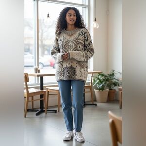 Casual Corner Vintage Hand Knit Cotton Sweater - Cream and Brown Size Large